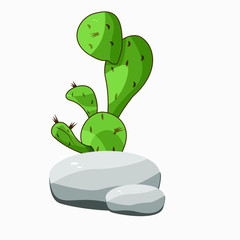 Vector illustration of a green cactus behind a stone