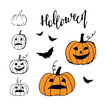 Halloween icon set. Cute pumpkins and bats isolated on white