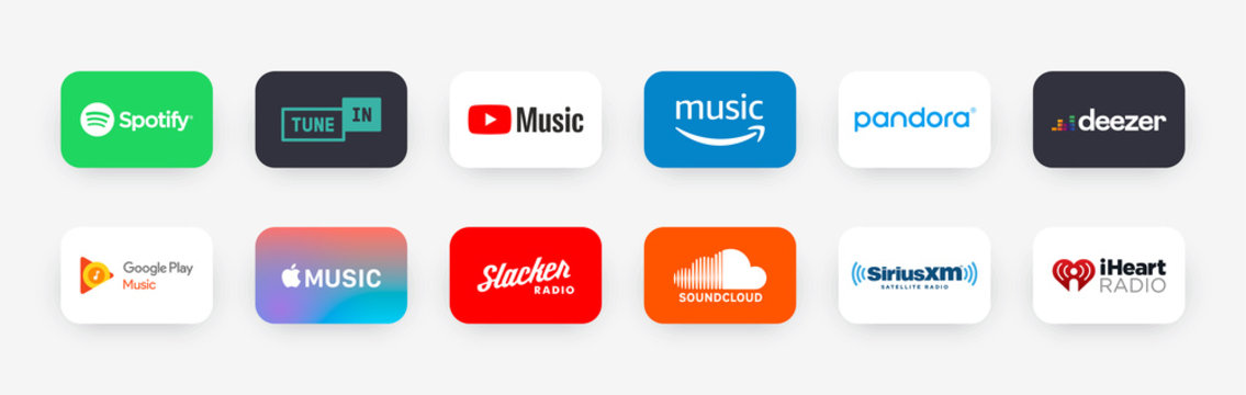 MOSCOW, RUSSIA - AUGUST 18, 2020: Popular music streaming service buttons  set: Spotify, Tunein, YouTube, amazon, Pandora, Deezer, Google, Apple,  Slacker radio, Soundcloud, SiriusXM, iheart. Stock Vector | Adobe Stock