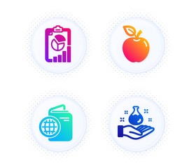 Travel passport, Report and Apple icons simple set. Button with halftone dots. Chemistry lab sign. Trip document, Presentation chart, Fruit. Laboratory. Business set. Vector
