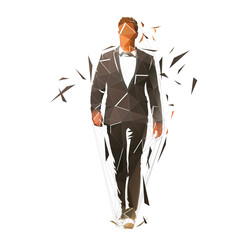 Businessman in suit walking forward, low polygonal abstract vector silhouette, geometric drawing. Isolated character