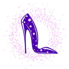 High heel stiletto shoe with decorative dots.Footwear logo isolated on white background.Fashion and style icon.Elegant, luxury, feminine design.