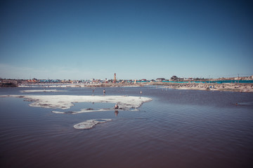 Beach in the salt lakes of Sol-Iletsk, Russia. Travel across Russia. Healing lakes. Therapeutic mud.