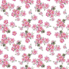 Watercolor seamless pattern of peonies and herbs.