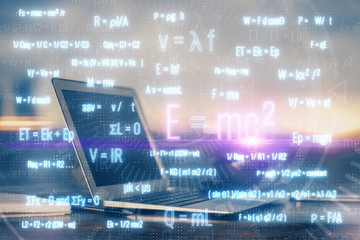 Desktop computer background and formula hologram writing. Double exposure. Education concept.