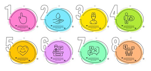 Like, Support chat and Hand click signs. Timeline steps infographic. Smile face, Teamwork and Exhibitors line icons set. Water care, Doctor symbols. Love heart, Employees chat. People set. Vector