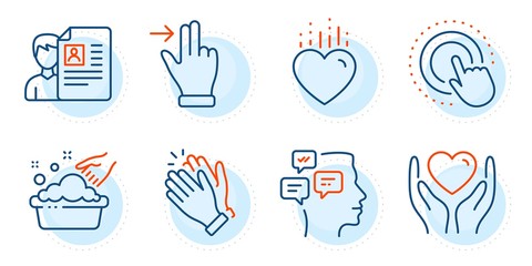 Hold heart, Hand washing and Clapping hands signs. Heart, Messages and Touchscreen gesture line icons set. Click hand, Job interview symbols. Love, Notifications. People set. Outline icons set. Vector