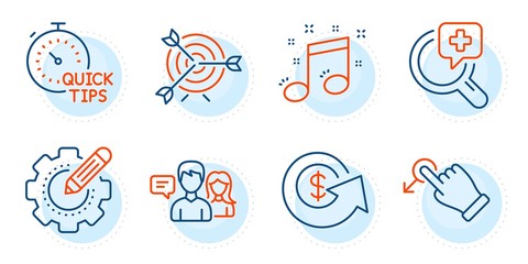 People talking, Settings gear and Musical note signs. Target, Medical analyzes and Quick tips line icons set. Dollar exchange, Drag drop symbols. Targeting, Medicine. Business set. Vector