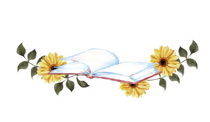本とお花の水彩イラスト