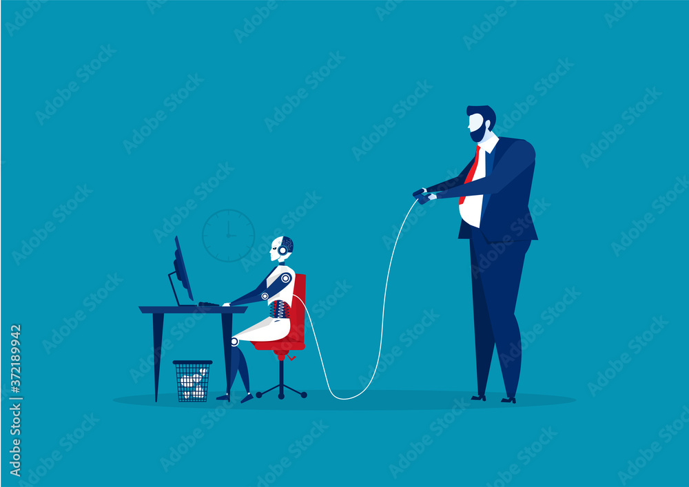 Wall mural businessman controlling a robot at office desk with and set robot using remote control business conc