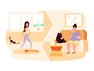 Healthy and unhealthy lifestyle. Sport vs fastfood. Vector flat color illustration
