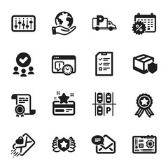 Set of Business icons, such as Laureate, New mail. Certificate, approved group, save planet. Truck parking, Project deadline, Motherboard. Calendar discounts, Interview, Love letter. Vector