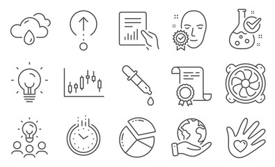 Set of Science icons, such as Rainy weather, Face verified. Diploma, ideas, save planet. Chemistry pipette, Time, Document. Computer fan, Social responsibility, Swipe up. Vector