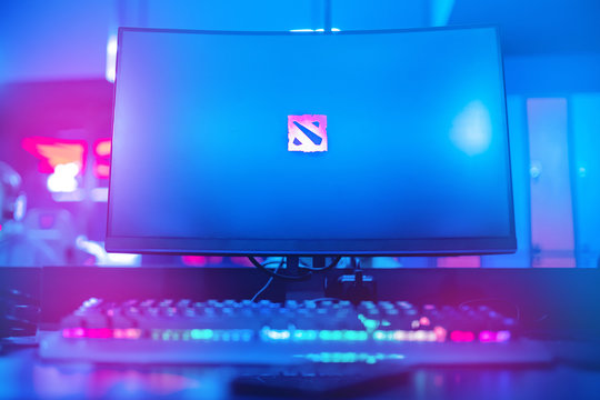 Illustration of game Dota 2 professional esport gamers playing in cyber games online tournament, RUSSIA - August 17, 2020