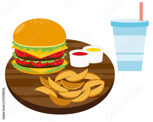 チーズとビーフのハンバーガーとフライドポテトとジュースのセットのベクターイラスト Wall Mural Nisi