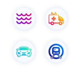 Waves, Ambulance car and Car icons simple set. Button with halftone dots. Metro subway sign. Water wave, Emergency transport, Transport. Underground. Transportation set. Vector