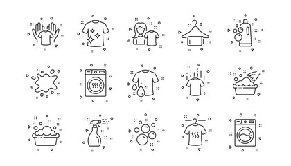 Dryer, Washing machine and dirt shirt. Laundry line icons. Laundromat, hand washing, laundry service icons. Linear set. Geometric elements. Quality signs set. Vector