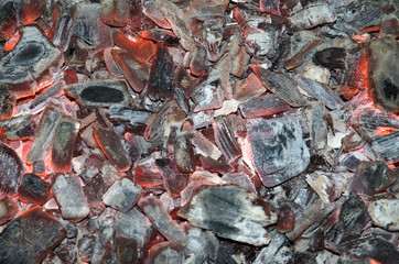 Burning coal close up, ash cinder