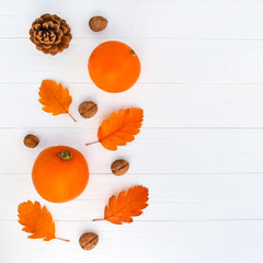 Autumn composition. Pumpkins, nuts, pine cone, leaves on a white background. Fall. Flat lay, top view, copy space. Place for your text.