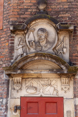 detail of The Waag, weigh house, is a building on Nieuwmarkt square in Amsterdam