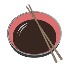 Japanese bowl with soy sauce and wooden sticks. Traditional Oriental food, suitable for sushi, ramen and other national dishes. Vector illustration in hand-drawn style on a white background