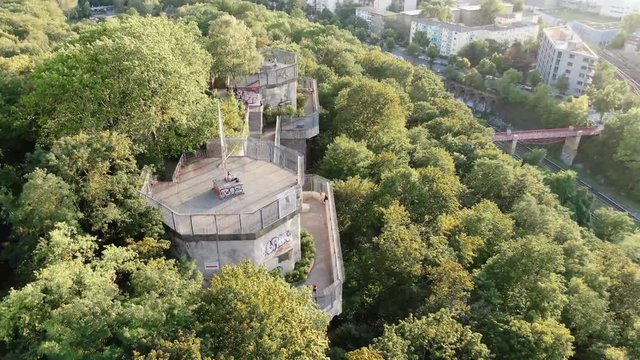 Famous Flak Tower with bunker inside at Humboldthain Park. Drone shot.