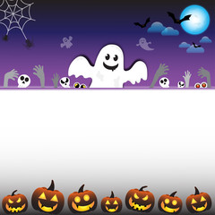 happy halloween with ghost and pumpkin background concept and empty space for display logo and content, creative design vector illustration