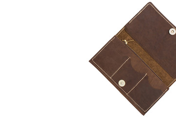 Open Brown leather wallet isolated on white background