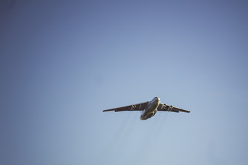 Flying plane in the sky.