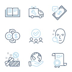 Face search, Loyalty points and Car service line icons set. Diploma certificate, save planet, group of people. Accepted payment, Education and Sale signs. Vector