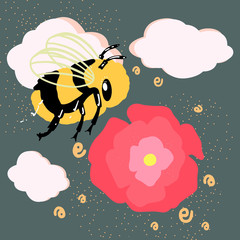 Funny bee and red flower, cute illustration. Insect. Flat style vector.

