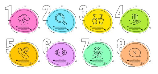 Reject, Loyalty program and Loyalty points signs. Timeline steps infographic. Share call, Thunderstorm weather and Research line icons set. Currency exchange, Move gesture symbols. Vector