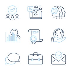 Travel loan, Employees teamwork and Messenger line icons set. Diploma certificate, save planet, group of people. Search, Approved mail and Portfolio signs. Vector