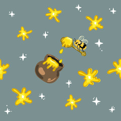 Cute bee carries honey pattern. Seamless pattern with cute bee. Vector illustration.