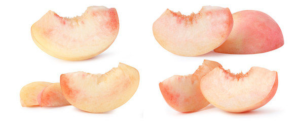 set Sliced pink peach isolated on white with peach clipping path