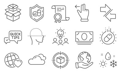 Set of Business icons, such as Packing boxes, Capsule pill. Diploma, ideas, save planet. Cash money, Synchronize, Parcel tracking. Medical tablet, Cloudy weather, Face scanning. Vector