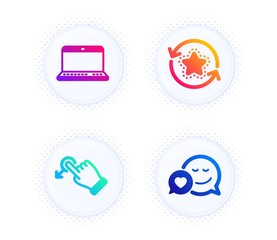 Notebook, Drag drop and Loyalty points icons simple set. Button with halftone dots. Dating sign. Laptop computer, Move, Bonus reward. Love messenger. Technology set. Vector