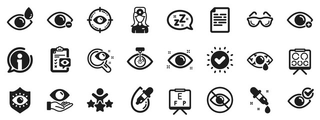 Medical laser surgery, glasses and eyedropper. Optometry, Eye doctor icons. Pink eye, Cataract surgery and allergy icons. Vision exam problem, optician board, oculist chart. Vector