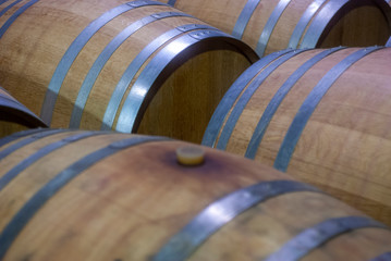 Cellar with many barriques for the aging of red wine