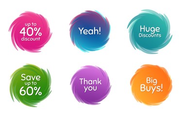 Swirl motion circles. Save up to 60%, 40% huge discount. Thank you phrase. Sale shopping text. Twisting bubbles with phrases. Spiral texting boxes. Big buys slogan. Vector
