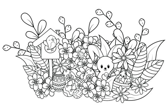 Coloring page with hidden Easter objects