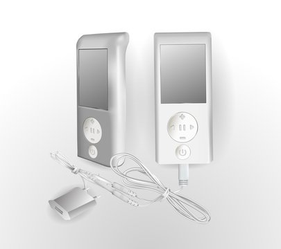 A portable music player with wires and charging on a white background is also known as a walkman. Realistic vector illustration.Front and side view.