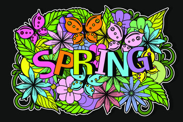 Hand drawn vector mega doodle with spring theme. Lettering with flowers and butterfly