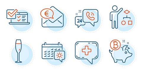 24h service, Euro money and Medical chat signs. Bitcoin coin, Algorithm and Online survey line icons set. Champagne glass, Travel calendar symbols. Piggy bank, Developers job. Business set. Vector