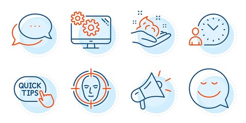 Time management, Skin care and Megaphone signs. Settings, Quick tips and Smile line icons set. Face detect, Dots message symbols. Cogwheel tool, Helpful tricks. Business set. Outline icons set. Vector
