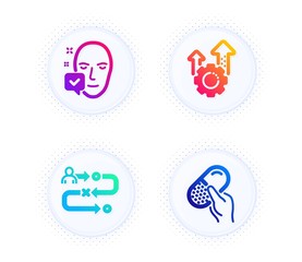 Seo gear, Face accepted and Journey path icons simple set. Button with halftone dots. Capsule pill sign. Cogwheel, Access granted, Project process. Medicine drugs. Science set. Vector