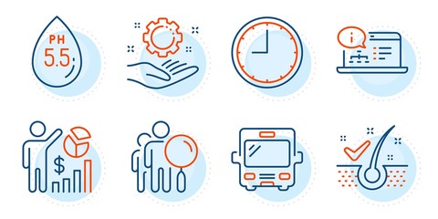 Search people, Seo statistics and Bus signs. Employee hand, Anti-dandruff flakes and Ph neutral line icons set. Time, Online documentation symbols. Work gear, Healthy hair. Technology set. Vector