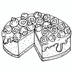 The whole cheesecake with dressing and blueberries on the top. Vector hand drawn sketch illustration doodle outline. Concept of vintage retro icon, bakery, engraved design, confectionery, sweet vegan.