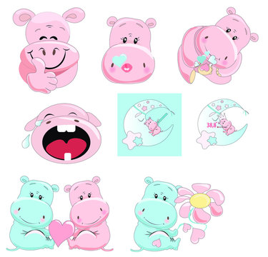 vector illustration of a set of stickers with different emotions, with hippos