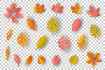 Paper art autumn leaves isolated on transparent background